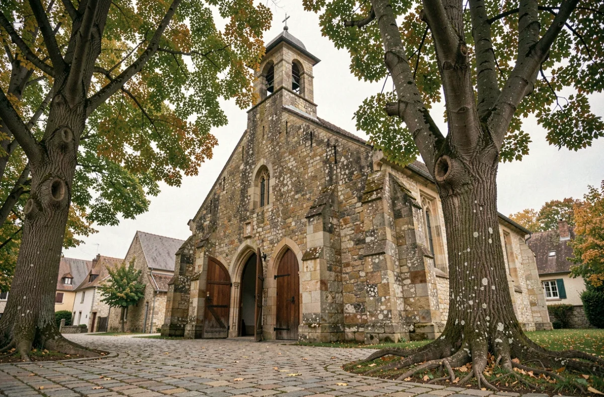 Façade de l'église historique en pierre du village de Saralbe en Moselle, entourée de tilleuls aux couleurs d'automne