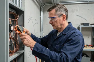 Électricien mesurant le courant continu avec un multimètre pince dans un tableau électrique industriel ouvert