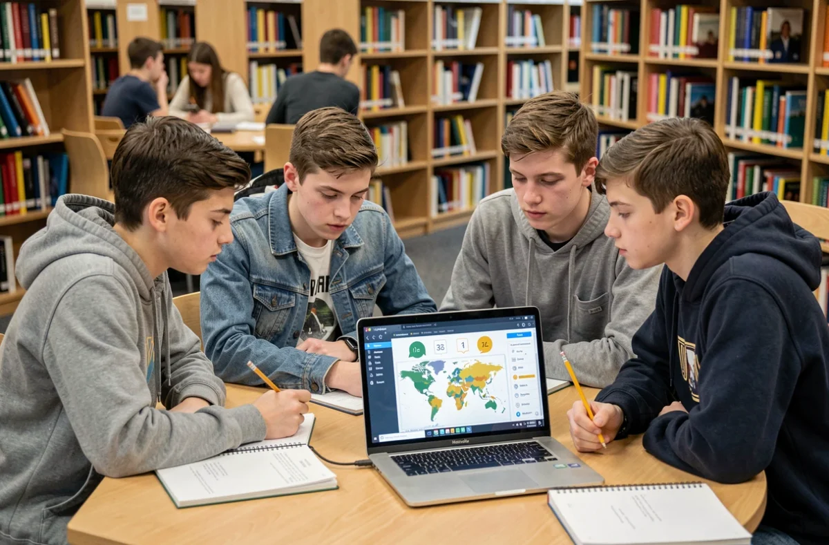 Groupe d'élèves lycéens jouant à Pédantix ensemble sur un ordinateur portable en bibliothèque