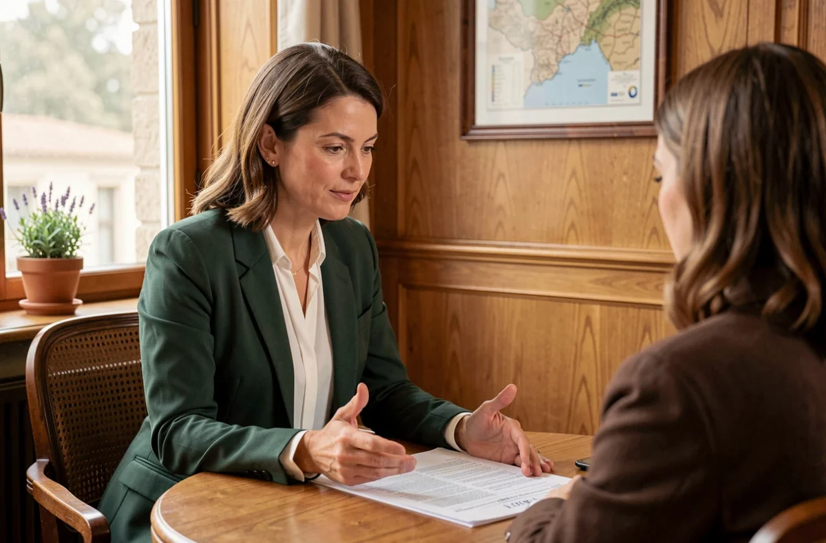 L'avocate Emmanuelle Orta en consultation avec un client dans un bureau au décor provençal chaleureux