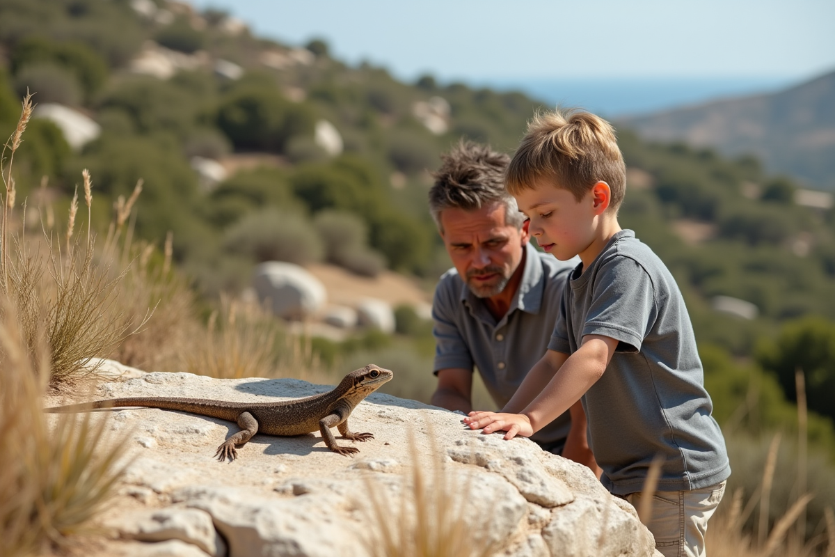 Jeune garçon et père observant un lézard en Zingaro