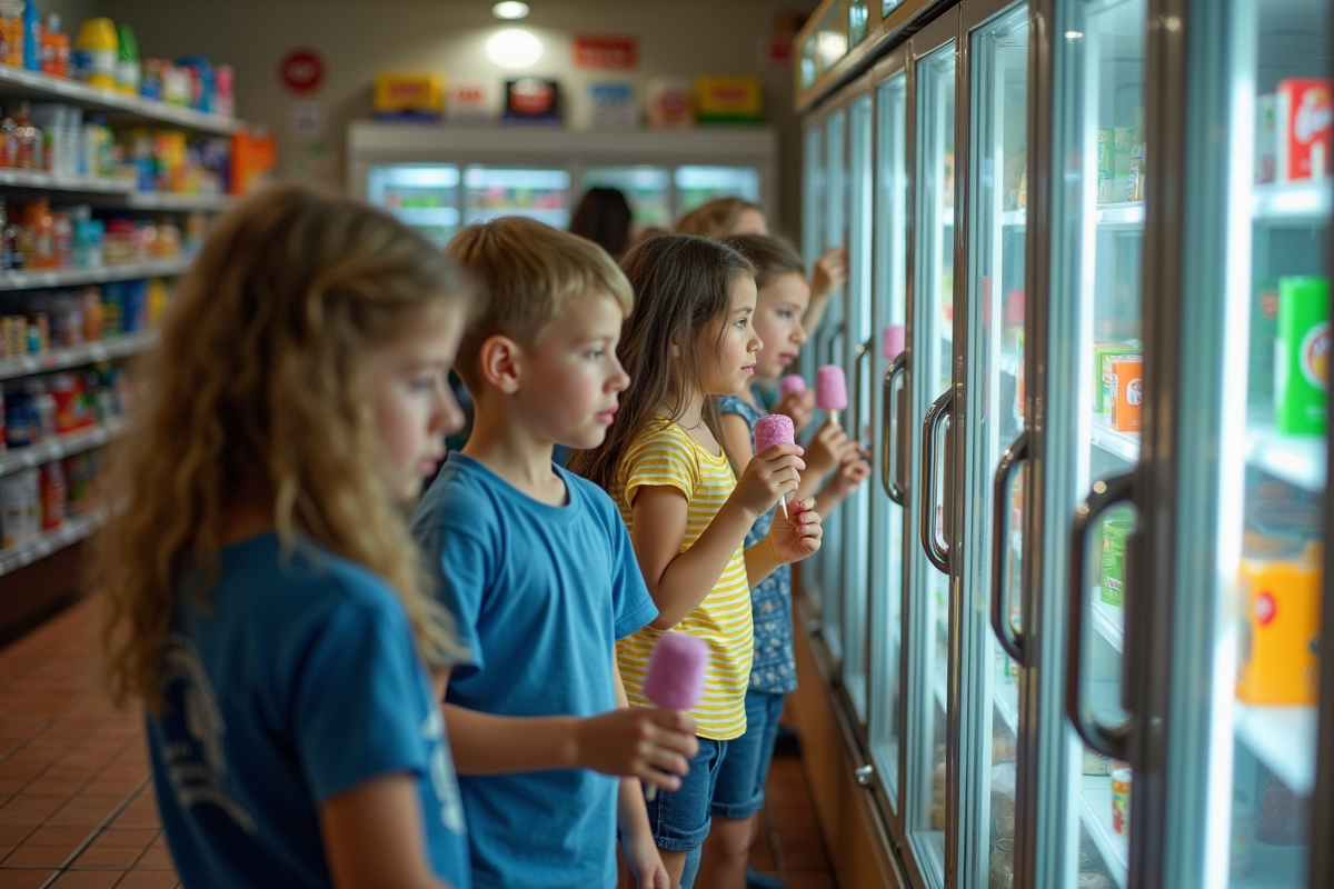 Enfants choisissant une glace dans un magasin de quartier