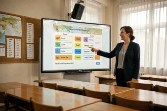 Enseignante pointant un jeu pédagogique Pédantix sur tableau interactif devant sa classe