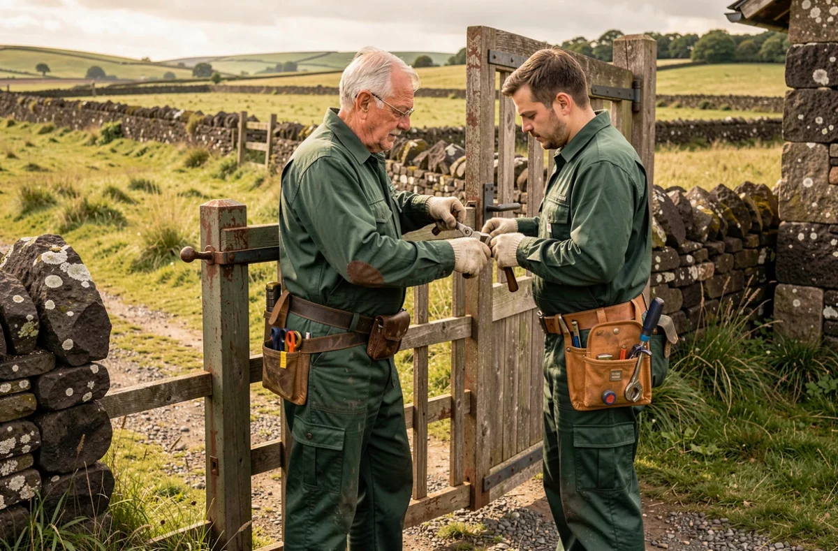 Deux serruriers de l'Entreprise Mazet et Fils travaillant ensemble sur une grille d'entrée d'une ferme traditionnelle du Cantal