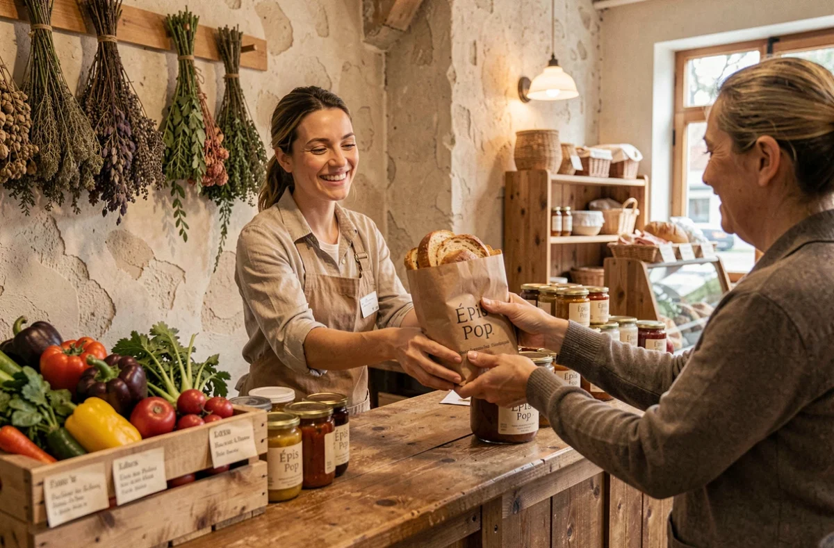Vendeuse remettant un sac de produits bio à une cliente au comptoir du magasin Épis Pop