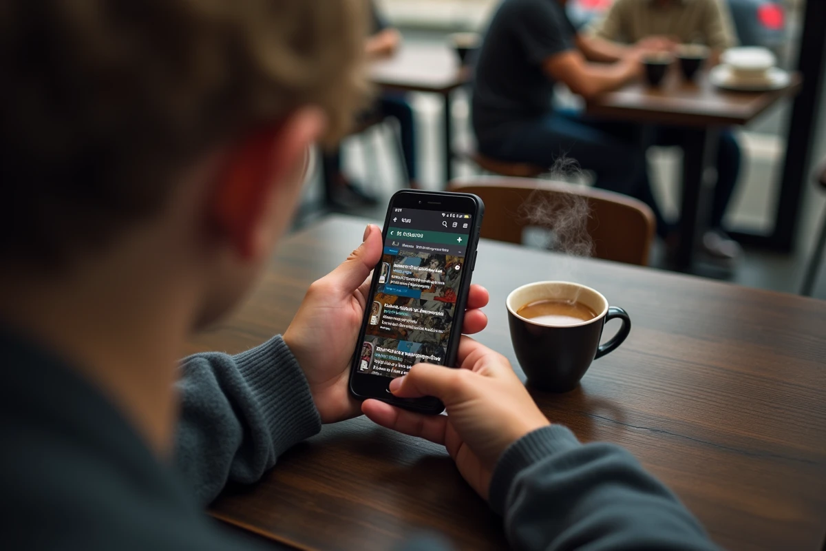 Mains tenant un smartphone affichant le site Epsilon Scan to avec des mangas en français dans un café