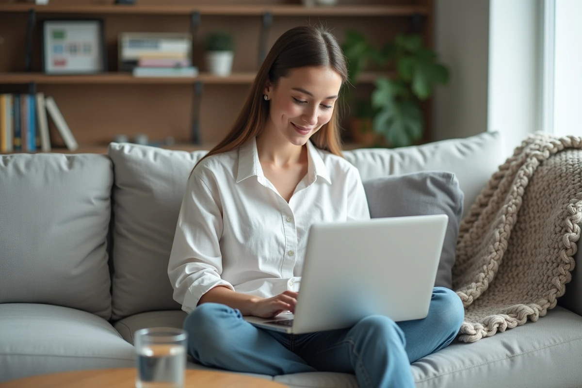 Jeune femme consultant Epsilone.scan sur son ordinateur portable depuis son canapé à la maison en toute sécurité