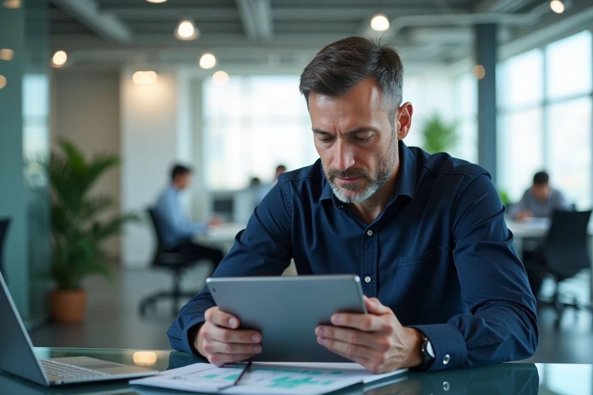Homme utilisant une tablette pour numériser des documents en sécurité dans un environnement de bureau professionnel avec Epsilone.scan