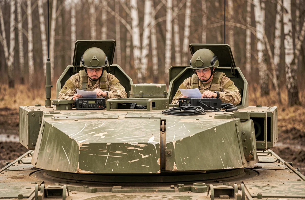 Équipage du char M1A1 Abrams dans la tourelle en communication radio, vue rapprochée en trois quarts avec décor de forêt européenne