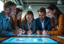 Équipe diversifiée en brainstorming stratégie digitale
