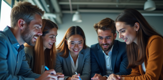 Équipe diversifiée en brainstorming stratégie digitale