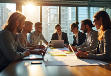 Equipe diversifiee de professionnels en réunion d'innovation