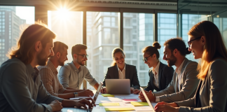 Equipe diversifiee de professionnels en réunion d'innovation
