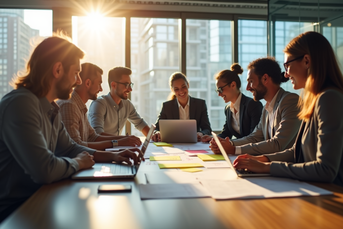 equipe-inovation-bureau Equipe diversifiee de professionnels en réunion d'innovation