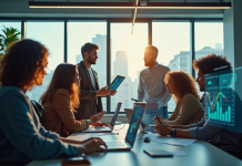 Équipe diversifiée travaillant dans un bureau moderne avec écrans