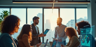 Équipe diversifiée travaillant dans un bureau moderne avec écrans