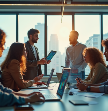 Agence digitale : rôle et missions pour votre entreprise en ligne Équipe diversifiée travaillant dans un bureau moderne avec écrans