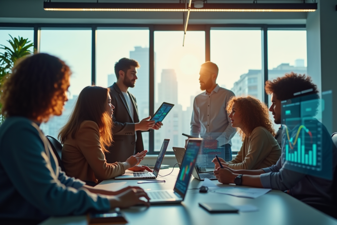 equipe-professionnels-bureau Équipe diversifiée travaillant dans un bureau moderne avec écrans