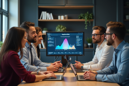 Groupe de professionnels en réunion autour d'un ordinateur pour le recrutement