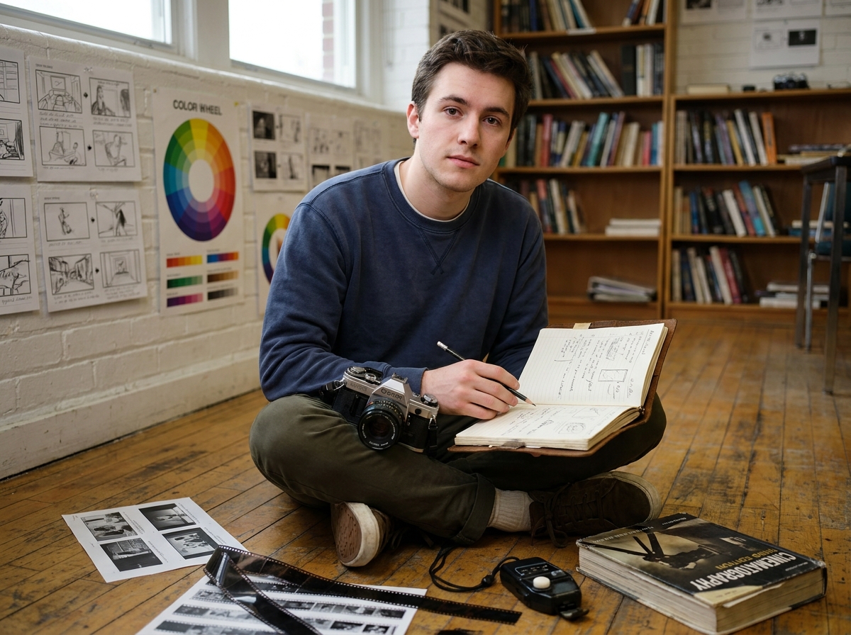 Jeune étudiant en cinéma prenant des notes et dessinant des story-boards entouré de matériel photographique dans une salle de cours, symbolisant l'apprentissage de la création cinématographique