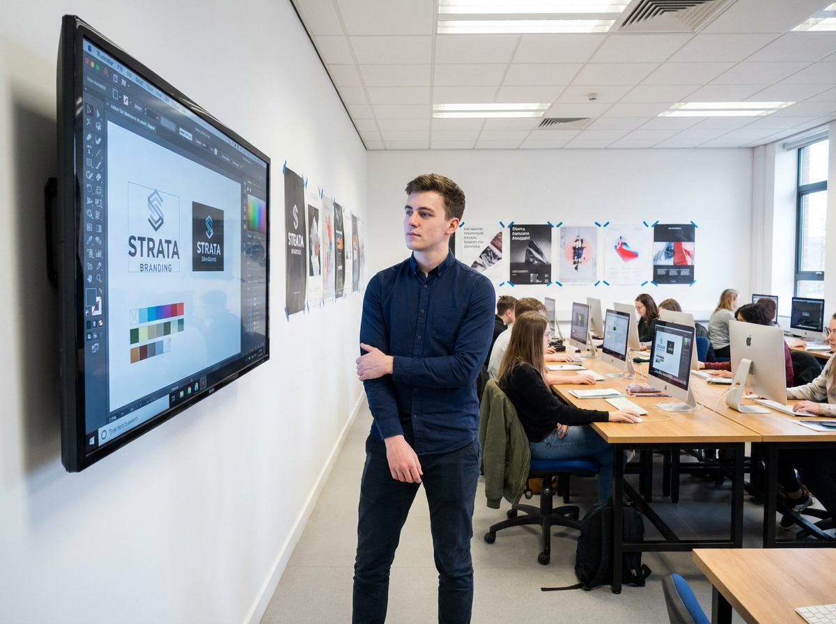 Étudiant en graphisme analysant un projet de branding sur grand écran dans une salle de cours moderne équipée d'iMacs