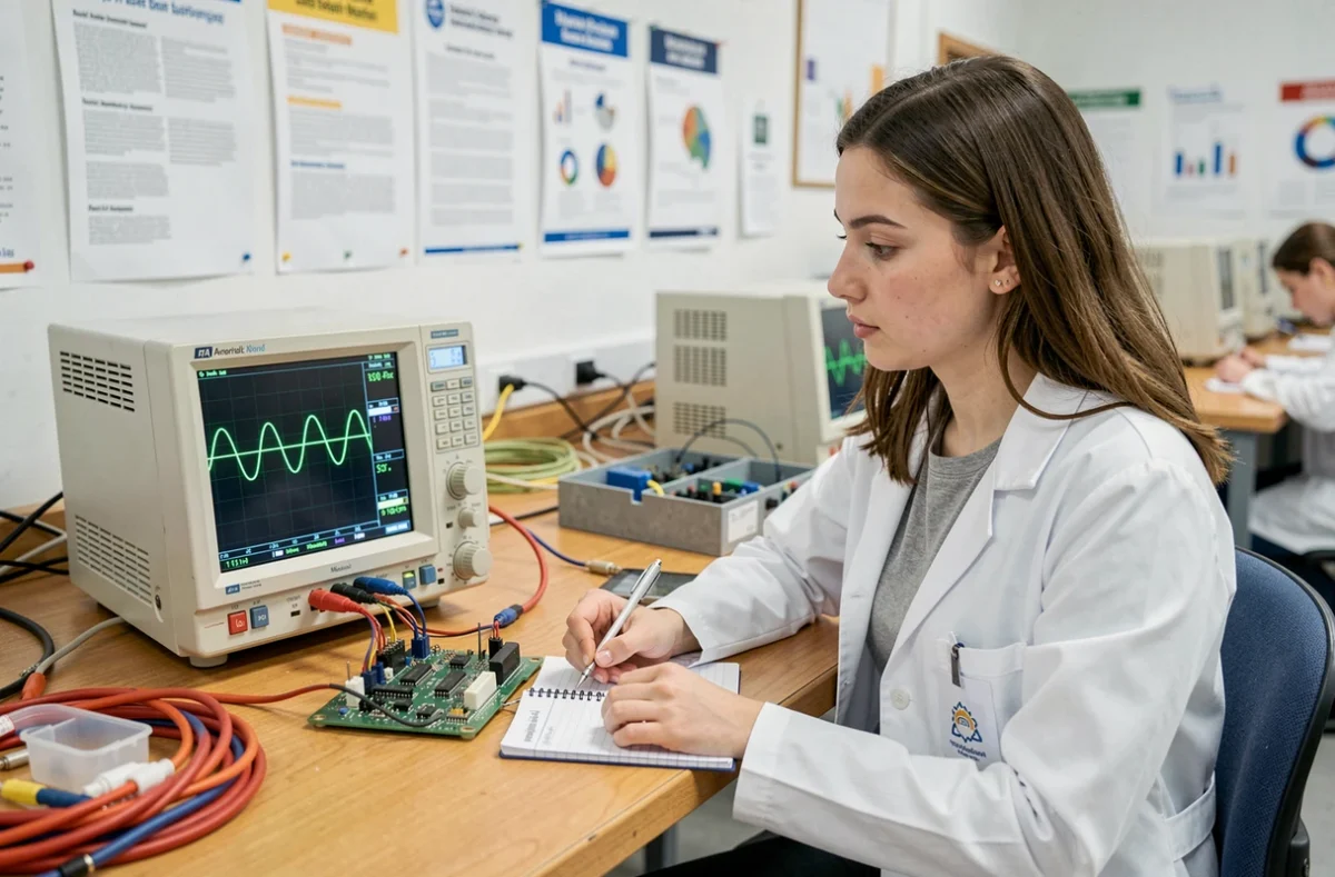 Étudiante en génie électrique analysant un courant alternatif sur un oscilloscope en laboratoire universitaire