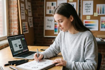 Étudiante en graphisme dessinant des concepts de logo dans un studio scolaire créatif avec mood boards et logiciels de design