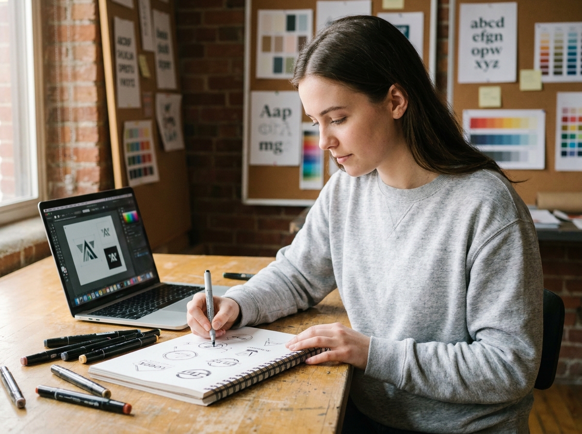 Étudiante en graphisme dessinant des concepts de logo dans un studio scolaire créatif avec mood boards et logiciels de design
