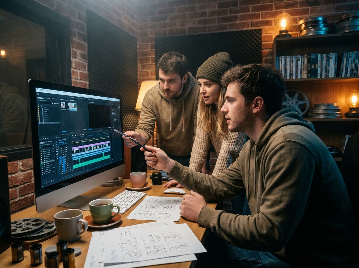 Groupe d'étudiants en cinéma collaborant autour d'un écran de montage vidéo dans une salle de post-production, représentant la formation cinématographique collective