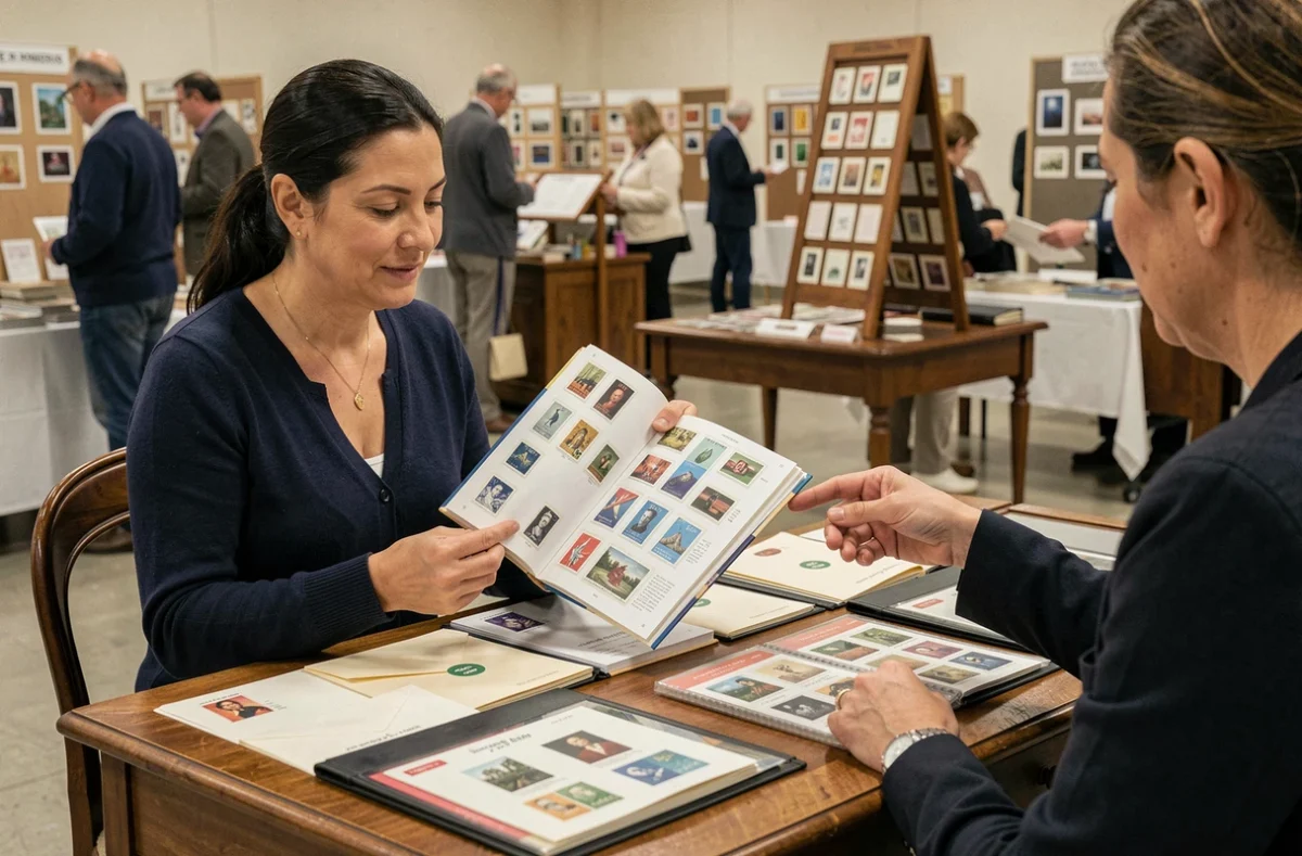 Experte philatéliste présentant un catalogue de timbres rares lors d'une foire philatélique en intérieur