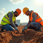 Deux experts en sécurité examinent un échantillon de sol sur un chantier