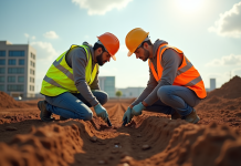 Choisir le bon partenaire pour vos études de sol : les critères essentiels Deux experts en sécurité examinent un échantillon de sol sur un chantier