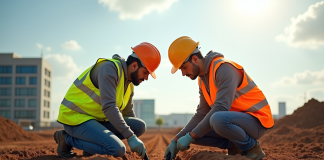 Deux experts en sécurité examinent un échantillon de sol sur un chantier