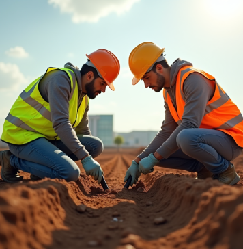 Choisir le bon partenaire pour vos études de sol : les critères essentiels Deux experts en sécurité examinent un échantillon de sol sur un chantier