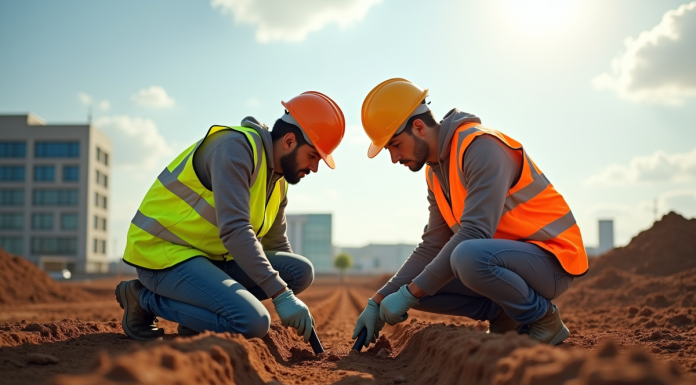 Deux experts en sécurité examinent un échantillon de sol sur un chantier