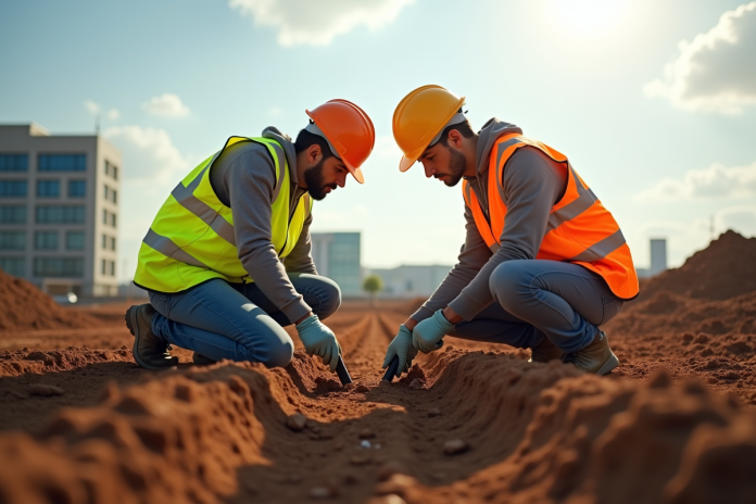 experts-sol-chantier Deux experts en sécurité examinent un échantillon de sol sur un chantier