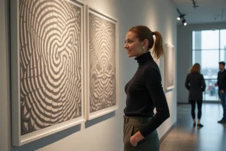 Femme devant l'affiche de l'exposition Escher à Toulouse dans le hall d'un musée moderne