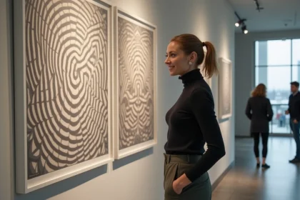 Femme devant l'affiche de l'exposition Escher à Toulouse dans le hall d'un musée moderne