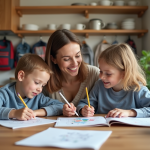 Simplifiez votre vie de parent grâce à PrimOT Mère souriante avec ses enfants en train de colorier à table
