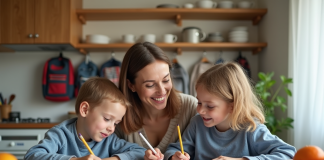 Mère souriante avec ses enfants en train de colorier à table