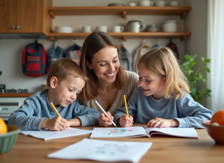 Mère souriante avec ses enfants en train de colorier à table