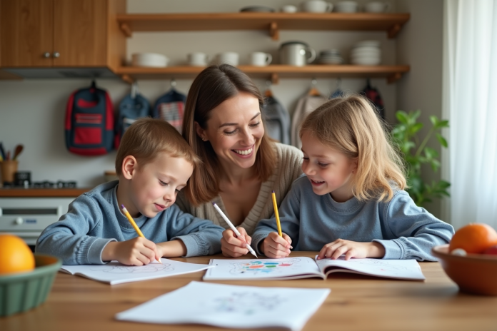 Mère souriante avec ses enfants en train de colorier à table