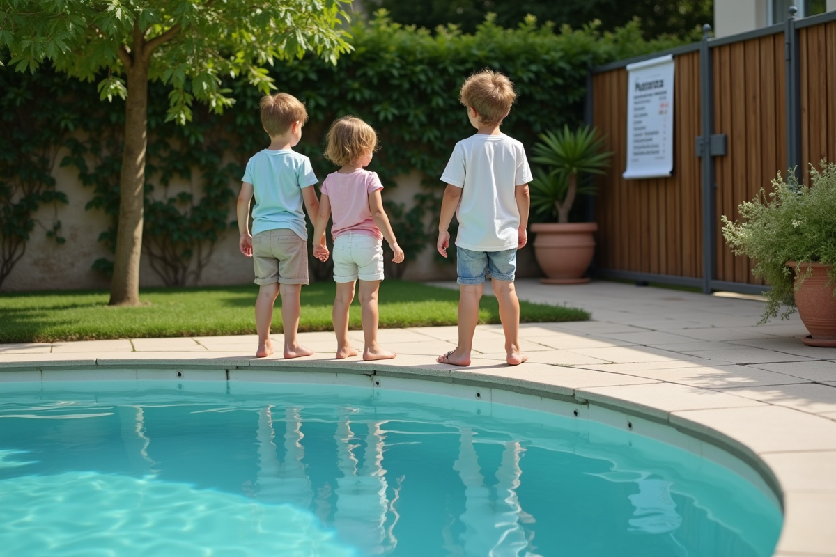 Famille française vérifiant règles de sécurité piscine
