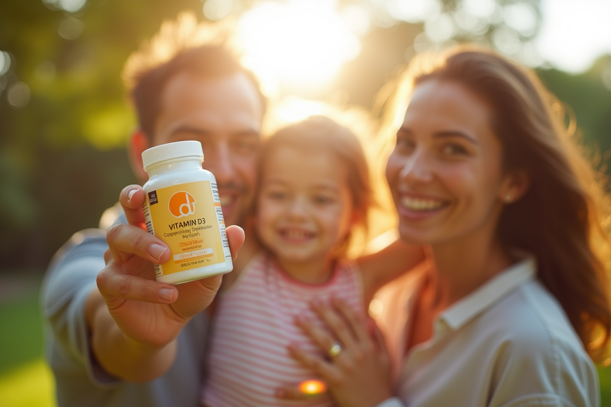 Famille heureuse profitant du soleil avec vitamine D3 en main