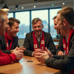 Les débats passionnés sur le forum du LOSC Groupe de supporters LOSC discutant dans un café lumineux