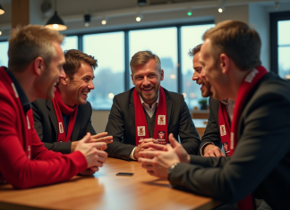 Groupe de supporters LOSC discutant dans un café lumineux