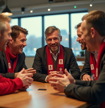 Les débats passionnés sur le forum du LOSC Groupe de supporters LOSC discutant dans un café lumineux