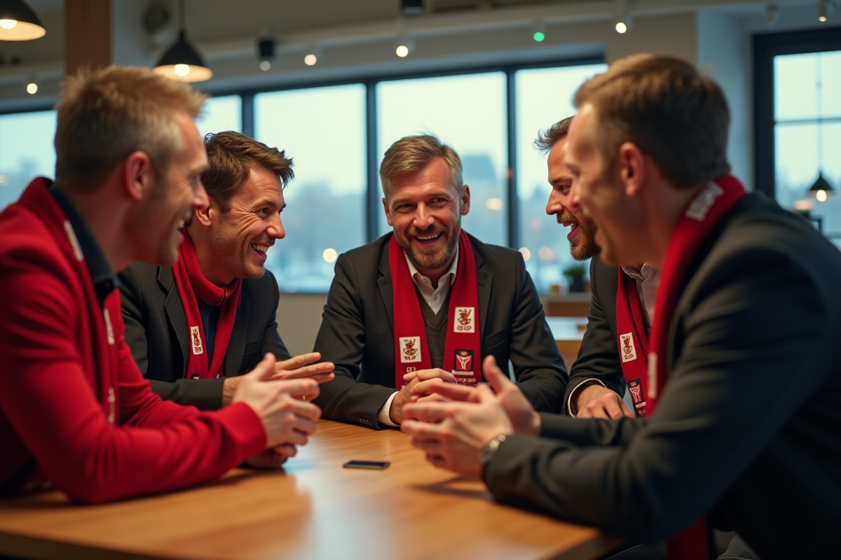 Groupe de supporters LOSC discutant dans un café lumineux