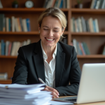 Différence entre gestion de patrimoine et banque d’investissement : comparaison Femme d affaires souriante dans un bureau cosy