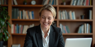 Différence entre gestion de patrimoine et banque d’investissement : comparaison Femme d affaires souriante dans un bureau cosy